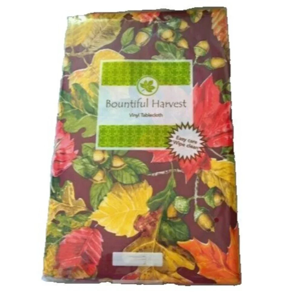 Fall Leaves Leaf Vinyl Tablecloth Acorns Thanksgiving Holiday Flannel Back 52x90